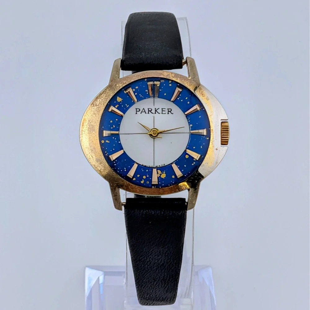 Vintage Parker Swiss Made Manual Wind Mid Century Blue Gold Fleck Watch 31mm